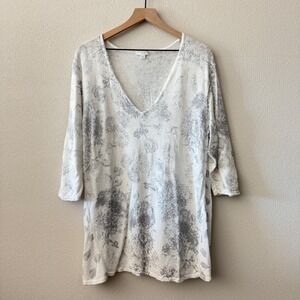 PURE JILL Womens Floral Knit V-Neck Top XL Linen Blend Coastal Shabby Chic